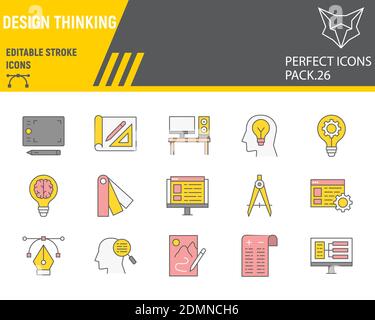 Set di icone della linea di colori di progettazione, raccolta di idee, schizzi vettoriali, illustrazioni di logo, icone di progettazione, linee di disegno riempite di segni Illustrazione Vettoriale
