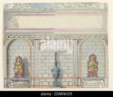 Design per ingresso Hall, parete Est, Royal Pavilion, Brighton, Frederick Crace, inglese, 1779–1859, pennello e acquerello, penna e inchiostro nero, grafite su carta bianca, elevazione di un muro, con una decorazione dipinta in imitazione di lapide. Le nicchie a sinistra e a destra contengono tavoli della console con figure di divinità sedute. La sezione centrale presenta un grande pannello, con indicazione in grafite: "Cielo", racchiuso in bordo., prima del 1802, architettura, interni, disegno Foto Stock