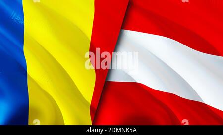 Bandiere Romania e Austria. Progettazione di bandiere ondulate 3D. Romania Austria bandiera, foto, sfondo. Immagine Romania vs Austria,rendering 3D. Romania Austria rel Foto Stock