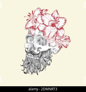 Disegno a mano cranio umano con barba e baffi in corona di fiori. Gigli rossi Funny character Black graphic Engraving art isolato su bianco Illustrazione Vettoriale
