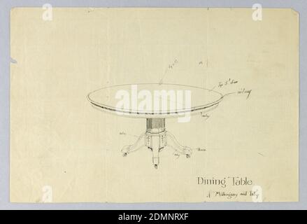 Design per un tavolo da pranzo di mogano e Inlay, A.N. Davenport Co., penna e inchiostro nero su carta sottile, crema, piano del tavolo rotondo stampato sollevato su un supporto a colonna sfaccettato seduto su una base conforme arrotondata in basso con quattro gambe divaricate su rotelle (3 in figura)., 1900–05, mobili, disegno Foto Stock