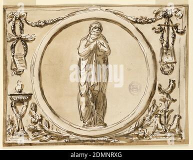Decorazione di un pannello, penna e inchiostro marrone, pennello e lavaggio marrone su carta leso biancastra, rettangolo orizzontale. Al centro si trova una cornice circolare con una donna avvolta in un cappotto, in modo che solo il naso e gli occhi non siano protetti, forse rappresentando l'inverno. Sopra sono i festoni da cui pendono le ghirlande intrecciate. Su entrambi i lati è posta una carta con un'iscrizione su un pendio. Il motivo a destra include due lampade ad olio. Sotto a destra si trova un uccello che si erge su due calici, con due griffini seduti sotto su una base. A sinistra è presente un treppiede; sono visibili due gambe che sostengono la ciotola di una lampada. Foto Stock