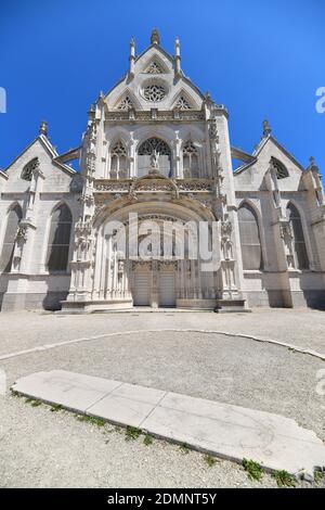Bourg-en-Bresse (central-eastern France):outer view of the Church of the Royal Monastery of Brou. The church is a masterpiece of the Flamboyant style Stock Photo