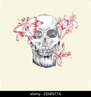 Disegno a mano cranio umano con barba e baffi in corona di fiori. Gigli rossi Funny character Black graphic Engraving art isolato su bianco Illustrazione Vettoriale