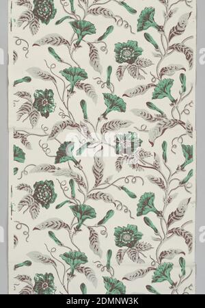 Parete laterale, blocco stampato su fogli congiunti, Arrampicata, viti fiorite, stampato in grigio, marrone e verde su una superficie grigia., Francia, 1830–40, Wallcoverings, parete laterale Foto Stock