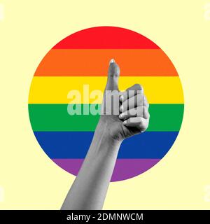 Female hand gesturing of sign nice good isolated on LGBT flag background. Foto Stock