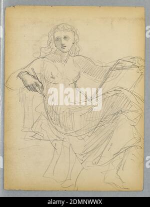 Sketch of Sested Woman for National Academy of Design tympanum, Daniel Huntington, American, 1816–1906, Graphite on cream wove paper, recto: Donna in tendaggi, seduta, con matita e ardesia. Le gambe incrociate, girate a destra, la testa girava leggermente a sinistra. Verso: Schizzo orizzontale con gambe incrociate e parte dello stemma del Sig. Winthrop., USA, ca. 1885–88, figure, disegno Foto Stock