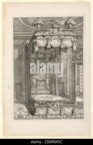 Design for state Bedchamber, in Second Livre d'Appartement (secondo libro sugli interni), Daniel Marot, francese, attivo nei Paesi Bassi e in Inghilterra, 1661–1752, incisione e incisione su carta bianca, Design per una camera da letto con tema conchiglia e rinceaux., Paesi Bassi, ca. 1700, architettura, Stampa Foto Stock
