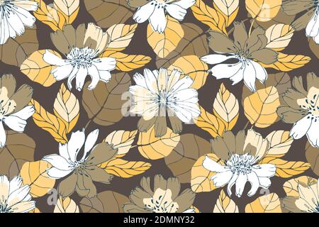 Motivo floreale vettoriale senza cuciture. Fiori gialli, bianchi, marroni Illustrazione Vettoriale