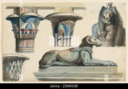 Antichità egizie, Romolo Achille Liverani, Italiano, 1809 - 1872, Alessandro Sanquirico, Italiano, 1777 - 1849, penna e inchiostro nero, pennello e acquerello, grafite su carta, rettangolo orizzontale. Tre colorati capitelli in stile egiziano, statua di un leone con testa di un ariete raffigurata in profilo sulla base, parte superiore della statua di una donna con testa di gatto., Italia, 1832, scultura, disegno Foto Stock