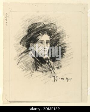 Ritratto di un giovane uomo, Thomas Sidney Moran, americano, 1863–1930, Charcoal su carta defilata, Capo di un giovane visto da destra, girò leggermente in avanti, indossando un grande cappello a brimmed sulla parte posteriore della sua testa., USA, 1908, ritratti, disegno Foto Stock