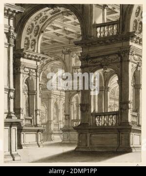 Scenografia, interno del portico rinascimentale, inchiostro penna e biestre, pennello e lavaggio su carta, rettangolo verticale. Portico in stile rinascimentale con pilastri e archi, riccamente decorato., Italia, primi del XIX secolo, teatro, disegno Foto Stock