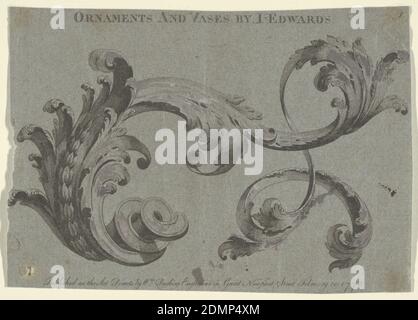 Ornamento e vasi, pl. 1, William Darling, carta blu stampata in nero, bianco ossisodizzato, (Berlino 271) rotolo di Acanthus. Top: ORNAMENTI E VASO DI I. EDWARDS i; Bottom: Pubblicato come The Art directs da Wm. Darling incisore in Great Newport Street 10 febbraio 1773, Inghilterra, 1773, ornamento, Stampa Foto Stock