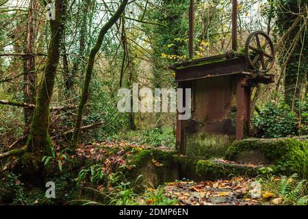 Vecchio cancello di sluice alla fabbrica di ferri abbandonata di Fussells a Mells, Somerset, Regno Unito Foto Stock