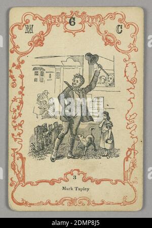 Carta da gioco, inchiostro rosso e nero, carta, in alto: M 6 C; sotto immagine centrale: 3, Europa, ca. 1855, carta da gioco Foto Stock
