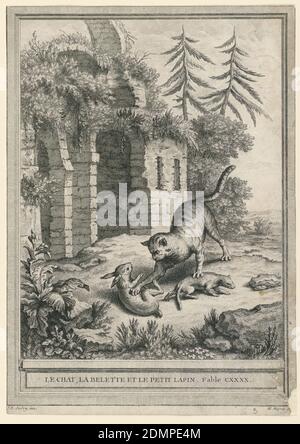 Illustrazione della fiaba di la Fontain 'il gatto, il Weasel e il coniglio', Martin Marvie, 1713–1790, Jean-Baptiste Oudry, francese, 1686 – 1755, incisione su carta, in un paesaggio con rovine, un gatto tiene una zampa su un coniglio e l'altra su una donnola. Inscritto sotto: 'LE CHAT, LA BELETTE ET LE PETIT LAPIN FABLE CXXXX' e sotto, i nomi dell'artista e dell'incisore., Francia, 1755–1759, Stampa Foto Stock