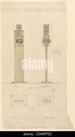 Sala da pranzo Light Standard, Henry J. Allen Residence, Wichita, Kansas, Henry J. Allen, Elsie J. Nuzman (Sig.ra Henry J.) Allen, grafite, matita colorata su carta da ricalco color crema, vista frontale e laterale della lampada da tavolo con cornice rettangolare e paralume e piantatrice tra cornice e paralume. Sotto il disegno colorato ci sono due quote disegnate in grafite., USA, 1917, illuminazione, disegno Foto Stock