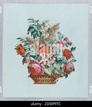 Ornamento, Jean-Baptiste Huët, (francese, 1745–1811), Jean-Baptiste Réveillon, francese, 1725–1811, stampato su carta fatta a mano, bouquet di fiori in cesto. Stampato a colori su terra blu, Parigi, Francia, ca. 1785, Wallcoverings, ornamento Foto Stock