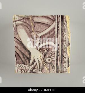 Parete, terracotta smaltata in stagno, sottoplesso, rettangolo orizzontale. Trentasette tegole larghe e ventuno alte con apertura per porta o finestra diciannove e mezzo tegole alte e dodici larghe. A sinistra e a destra dell'apertura, sopra il tettuccio centrato. Sinistra, donna che rappresenta la speranza, destra, un'urna di sculputure. Centrato sopra l'apertura, un mascaron. Disegno Arabesque del fogliame., possibilmente Delft, Olanda, possibilmente Rotterdam, Olanda, ca. 1725, piastrelle, Arti decorative, Muro di faccia Foto Stock