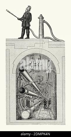 Una vecchia incisione di un pompiere utilizzando un tubo da un idrante fornito da tunnel sotterranei o metropolitane su Holborn Viaduct, Londra, Inghilterra, Regno Unito c. 1880. È da un libro di ingegneria meccanica vittoriana del 1880. I grandi tunnel come questo includerebbero anche tubi per gas e fognature. La prima estinzione degli incendi è stata effettuata utilizzando secchi. In seguito furono utilizzate pompe antincendio trainate da cavalli, azionate a mano o a vapore. Quando i tubi in ghisa consentivano un approvvigionamento idrico sotterraneo permanente nelle città, i vigili del fuoco includevano punti di accesso. Alcuni sistemi includevano idranti fissi sopra la terra. Foto Stock