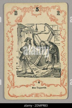 Carta da gioco, inchiostro rosso e nero, carta, sei set, numerati consecutivamente, di quattro carte ciascuno, stampati con personaggi e scene dei romanzi di Charles Dickens, ambientati in una cornice neo-rococò. Carta numerata in alto: B 5 R; sotto immagine centrale: 4., Europa, ca. 1855, carta da gioco Foto Stock