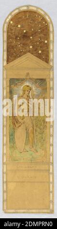 Vigilance, Design for a Stained Glass Window, Francis Augustus Lathrop, American, 1849 - 1909, Pennello e acquerello, gouache, grafite su carta da ricalco, Tall, composizione verticale con sommità arcuata. Centrare, uomo in un casco che tiene una lancia e uno scudo. Si trova leggermente rivolto a destra. Fogliame a sinistra e a destra. Stelle sopra, che mostrano la costellazione di Big Dipper. Vigilanza scritta sulla base qui sotto, due volte. Bordo di rosette., USA, ca. 1890, architettura, disegno Foto Stock
