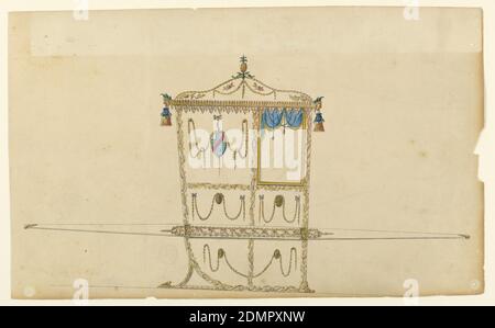 Design per una sedia Sedan, pennello e giallo, marrone, blu, viola, rosa e altri colori di acquerello, penna e inchiostro cinese su carta, mostrato nel profilo rivolto verso destra con una barra. Un ananas sorge sulla sommità del tetto a volta decorato con festoni e altri ornamenti floreali. È delimitata da file di foglie. Le maschere sono agli angoli da cui pendono i tasselli. I pannelli sono incorniciati da rami intrecciati. Quello accanto alla finestra mostra un ovoide con uno stemma appeso tra i festoni da un nodo di prua; bandlet azzure sinistro scarlatto tra tre cornici 1, 2 un gyron bianco Foto Stock