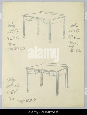 Tracciati di disegni per la scrittura rettangolare Tabella 45557 e 44330, con numero variante Oak, A.N. Davenport Co., tracciatura del carbonio e grafite su carta crema sottile, 1900–05, mobili, disegno Foto Stock