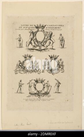 Design per stemma, da 'Livre de carttouch', Nicolas Guérard, francese, 1648–1719, incisione su carta, piatto 1. Quattro eschutcheon, quattro nativi, titolo., Francia, ca. 1680, Stampa Foto Stock