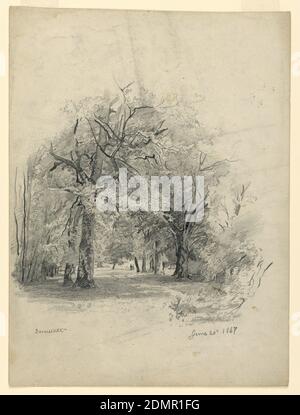 Paesaggio, Darmstadt, Germania, William Trost Richards, americano, 1833–1905, grafite su carta, disegno di una scena boschiva con una coppia che cammina lungo un percorso tortuoso., Darmstadt, Germania, 20 giugno 1867, Paesaggi, disegno Foto Stock