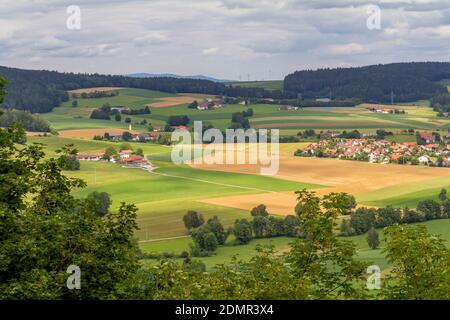 sunny aerial scenery around Falkenstein castle in the Bavarian Forest at summer time Stock Photo