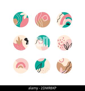 Metti in evidenza il set di copertine, astratte icone floreali botaniche per i social media. Illustrazione vettoriale Illustrazione Vettoriale