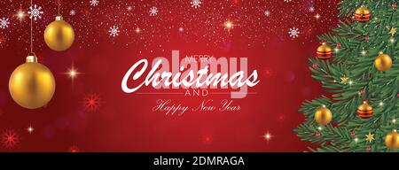 Illustrazione del vettore del banner natalizio. Sfondo rosso. Buon Natale e felice anno nuovo background. Banner albero di Natale con neve. Illustrazione Vettoriale