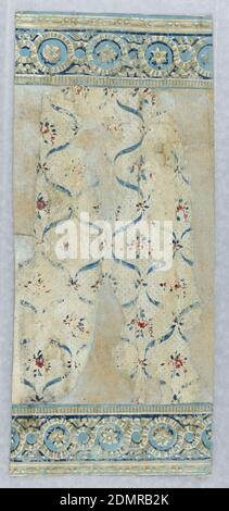 Sidewall and border, Block-printed, handmade paper, joined, Vertical rectangle. Narrow tangent serpentine ribbons enclosing irregular ellipses with stippled ground, set with single rose buds. Border, across top and bottom, has guilloche design formed of ribbons, in blue and tan., France, ca. 1780, Wallcoverings, Sidewall and border Stock Photo