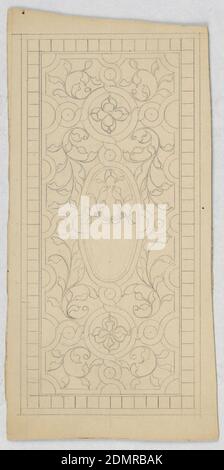 Design per vetrate, Alice Cordelia Morse, americano, 1863–1961, grafite su tavola di illustrazione, disegno di viti con medaglione ovale centrale e due medaglioni circolari contenenti fiori., USA, fine 19 ° secolo, architettura, interni, disegno Foto Stock