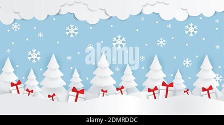 Immagine vettoriale invernale con nevicate e alberi di Natale. Sfondo nevoso. Vettore Winter Wonderland. Illustrazione Vettoriale