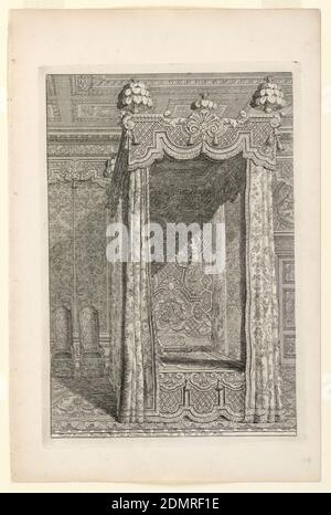 Design for state Bedchamber, in Second Livre d'Appartement (secondo libro sugli interni), Daniel Marot, francese, attivo nei Paesi Bassi e in Inghilterra, 1661–1752, incisione e incisione su carta bianca, Design per un bedchamber con disegno di allover di rinceaux e linee curve e intagli., Paesi Bassi, ca. 1700, architettura, Stampa Foto Stock