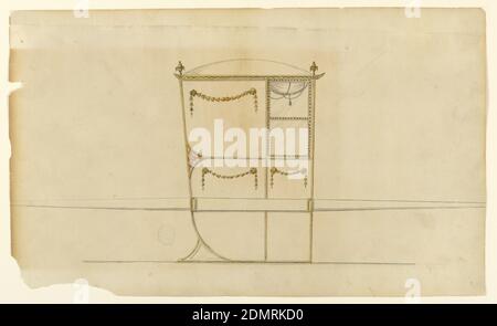 Disegno per una sedia berlina, penna e inchiostro, pennello e acquerello (giallo, marrone, rosso, grigio), gesso nero su carta, una variante di 1900-1-12 con bordo superiore diritto e con modanature che incorniciano i pannelli. I tre sono decorati con ghirlande che si stendono su due maschere di leone ciascuna., Londra, Inghilterra, ca. 1780, mobili, disegno Foto Stock