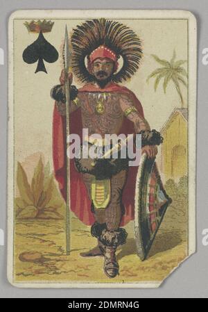 Re di Spades, E. le Tellier, francese, attivo fine del 19 ° secolo, B.P. Grimaud, Parigi, Francia, litografia su carta, carta da gioco King of Spades da un pacchetto di carte da gioco trasformazione. Un colorato capo africano figura in costume tradizionale, con una lancia e uno scudo e con un grande headdress. Il suo corpo è coperto di tatuaggi. Paesaggio esotico sullo sfondo. In alto a sinistra, una spade sormontata con una corona., Parigi, Francia, fine del 19 ° secolo, giocattoli e giochi, carta da gioco, carta da gioco Foto Stock