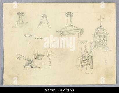 Schizzi architettonici, Loches and Tours, Francis Augustus Lathrop, americano, 1849 - 1909, grafite su carta, piccoli schizzi di finalici e altre caratteristiche architettoniche, etichettati., ca. 1892, architettura, disegno Foto Stock