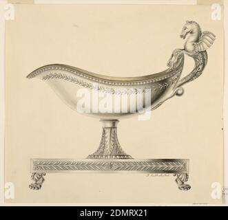 Elevazione di una Sauce Boat, Joseph Anton Seethaler II, tedesco, 1799–1868, penna, lavaggi, inchiostro nero, lavaggi di seppia, la sauceboat è fatta di argento dorato. La ciotola è di forma ovale, decorata con un piccolo medaglione sotto il labbro, un motivo a foglia e un bordo più stretto sotto il bordo. L'impugnatura è costituita da un cavallo di mare alato. Il supporto è decorato con foglie di palma, e la base, che poggia sui piedi dei leoni, ha motivi a foglia lungo i lati., Augusta, Germania, 1810, metallurgia, disegno Foto Stock