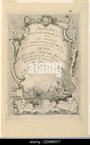 Title Page, 'Principes pour toucher de la viele avec Six sonates ... composité par BAP. Dupuit', Jean Robert, francese, attivo 1746 - 1782, Mademoiselle Estien, francese, attivo 18 ° c., incisione su carta, UNO stemma a rocaille sormontato da uno stemma. Al centro, il titolo, sotto un paesaggio con quattro figure. Il libro è dedicato a Jerome Bignon. Iscritto: Titolo; in basso a sinistra: 'Gravé par Mlle Estien'; centro: 'Imprimé par August de Lorraine'; in basso a destra: J. Robert in. Et sculp.', Francia, 1765–1770, Stampa Foto Stock