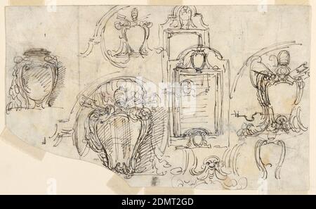 Bozzetti, Carlo Marchionni, italiano, 1702–1786, penna e inchiostro nero su carta defilata, due bozzetti di una tavoletta (in parte sopra l'altro), cinque bozzetti di scetcheon, uno per una maschera, sotto al centro dello scetcheon papale. Una sezione del telaio. Sul verso: Schizzi per cornice e probabilmente per la posizione della tavoletta su quello che sembra essere il muro di una città., Italia, 1740–58, architettura, disegno Foto Stock