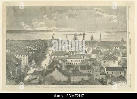 La città di Charleston, Carolina del Sud, guardando Seaward e mostrando il Burnt District, da Harper's Weekly, 28 dicembre 1861, pag. 822., incisione di legno inchiostro nero su carta da giornale, vista orizzontale della città, guardando verso il mare: I pali delle navi si innalzano sopra i tetti in lontananza e una truppa di soldati scendono lungo il viale a sinistra., 28 dicembre 1861, disegno grafico, Stampa Foto Stock