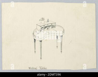 Disegno per tavolo da scrittura a forma di rene con vaso di fiori e busto, A.N. Davenport Co., penna e inchiostro nero, grafite su carta crema sottile, 1900–05, mobili, disegno Foto Stock