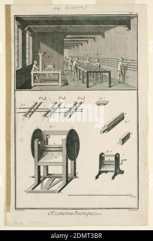 Piatto i di 'Travail et emploi du coton' dell'Enciclopedia di Diderot, Vol. I, Louis-Jacques Goussier, francese, 1722 - 1799, Robert Bénard, francese, 1734–1772, incisione su carta bianca, registro superiore, interno di una fabbrica, che mostra pettinatura e tessitura. Registro inferiore, strumenti vari, lettera, con scala, in basso a destra., Francia, 1762, disegno grafico, Stampa Foto Stock