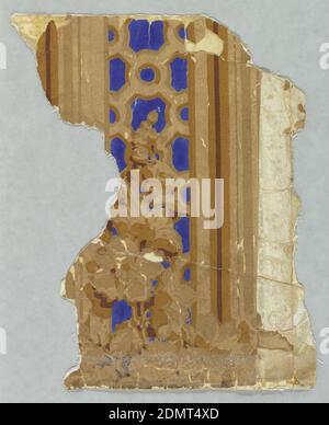 Parete laterale - frammento, stampato su carta, frammento che mostra una griglia o una fregatura tra modanature simulate, con uno spray di stock o di hollyhocks., Inghilterra, ca. 1860, rivestimenti, parete laterale - frammento Foto Stock