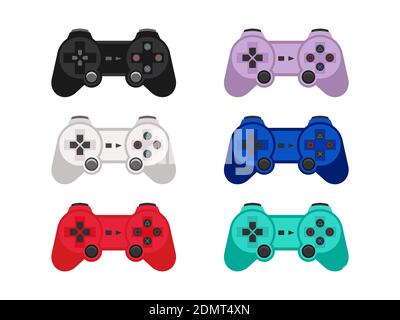 Controller per videogiochi. Collezione di sei diversi joystick colorati. Gamepad wireless per console o giochi per PC. Icona di gioco. Vettore Illustrazione Vettoriale