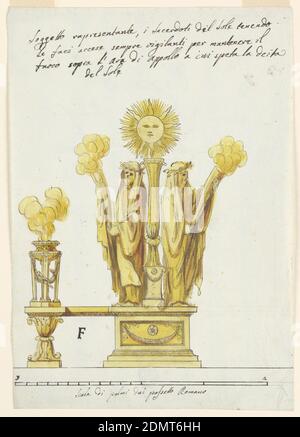 Disegno per Andiron, Luigi Righetti, 1780 - 1819, penna e inchiostro nero, pennello e giallo, acquerello marrone, grafite su carta blu chiaro, rettangolo verticale. Disegno per un andiron; un'entablature è sostenuta come base da due calici che formano un baluster a sinistra, da un piedistallo a destra. Su di essa si trova a sinistra una ciotola con un fuoco che emette fumo, e a destra due figure di sacerdoti con le loro spalle a una colonna, un sole che emette raggi sopra. I sacerdoti tengono corni dai quali si alza il fumo. Scala in basso., Roma, Italia, fine XVIII secolo, metallurgia, disegno Foto Stock