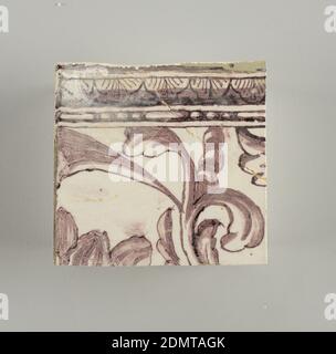 Parete, terracotta smaltata in stagno, sottoplesso, rettangolo orizzontale. Trentasette tegole larghe e ventuno alte con apertura per porta o finestra diciannove e mezzo tegole alte e dodici larghe. A sinistra e a destra dell'apertura, sopra il tettuccio centrato. Sinistra, donna che rappresenta la speranza, destra, un'urna di sculputure. Centrato sopra l'apertura, un mascaron. Disegno Arabesque del fogliame., possibilmente Delft, Olanda, possibilmente Rotterdam, Olanda, ca. 1725, piastrelle, Arti decorative, Muro di faccia Foto Stock